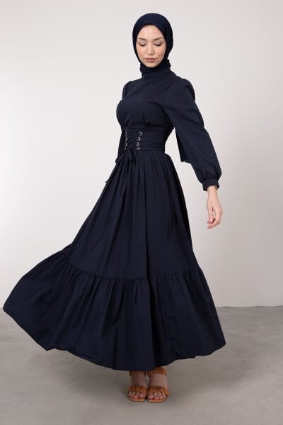 Beli Çapraz Bağcıklı Vintage Tesettür Elbise Lacivert