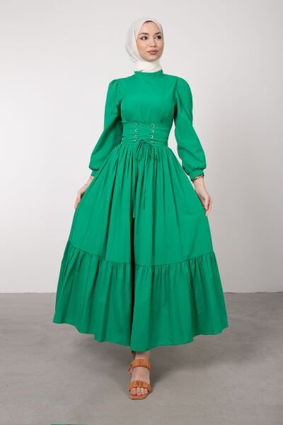 Beli Çapraz Bağcıklı Vintage Tesettür Elbise Yeşil