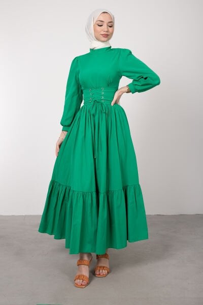 Beli Çapraz Bağcıklı Vintage Tesettür Elbise Yeşil