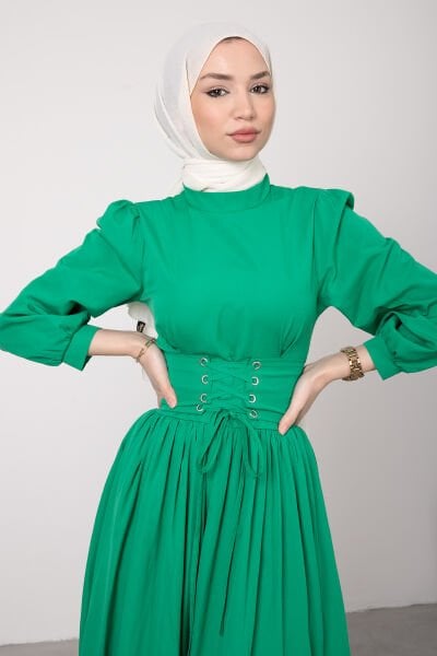 Beli Çapraz Bağcıklı Vintage Tesettür Elbise Yeşil