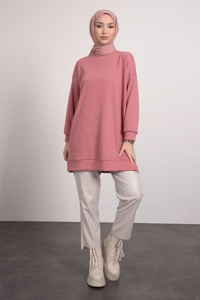 Kendinden Dokulu Tesettür Sweat Pembe