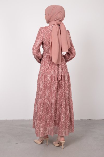 Beyaz Motif İşlemeli Kuşaklı Tül Tesettür Elbise Pembe