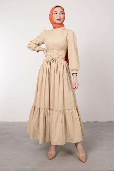 Beli Çapraz Bağcıklı Vintage Tesettür Elbise Vizon