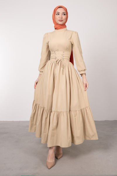Beli Çapraz Bağcıklı Vintage Tesettür Elbise Vizon