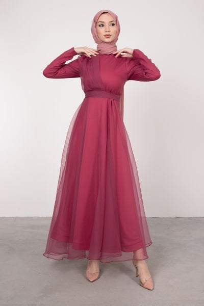 Asimetrik Organze Detaylı Tesettür Abiye Pembe