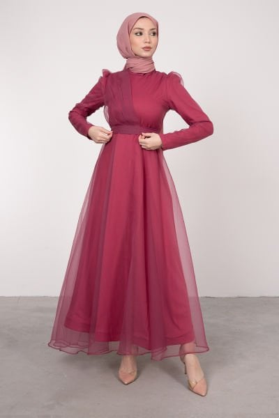Asimetrik Organze Detaylı Tesettür Abiye Pembe