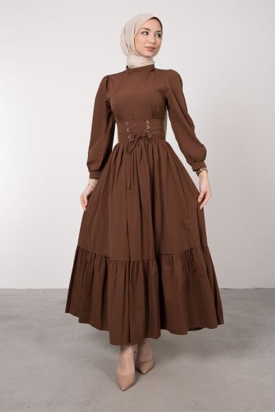 Beli Çapraz Bağcıklı Vintage Tesettür Elbise Kahverengi