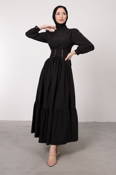 Beli Çapraz Bağcıklı Vintage Tesettür Elbise Siyah