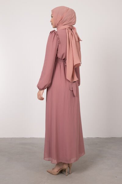 Omuzlar Mini Fırfırlı Şifon Tesettür Elbise Pembe