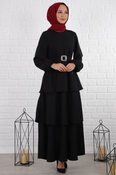 Beli Kemerli Kat Kat Tesettür Elbise Siyah
