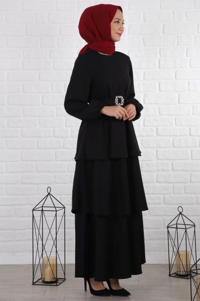Beli Kemerli Kat Kat Tesettür Elbise Siyah