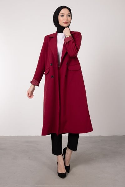 Blazer Görünümlü Uzun Tesettür Kap Bordo