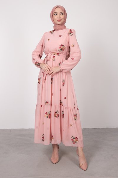 Yaz Çiçeği Motif İşlemeli Tesettür Elbise Pembe