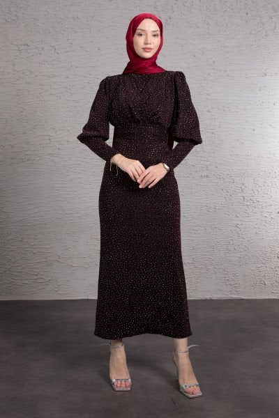 Mini Pırıltılı Likralı Tesettür Elbise Bordo