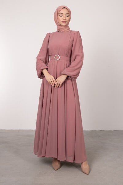 Kemeri Çoklu Elips Desenli Tesettür Şifon Abiye Pembe
