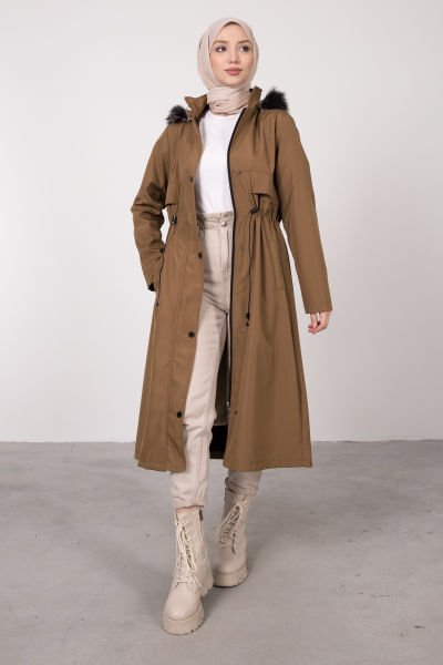 İçi Kürklü Uzun Boy Tesettür Parka Camel