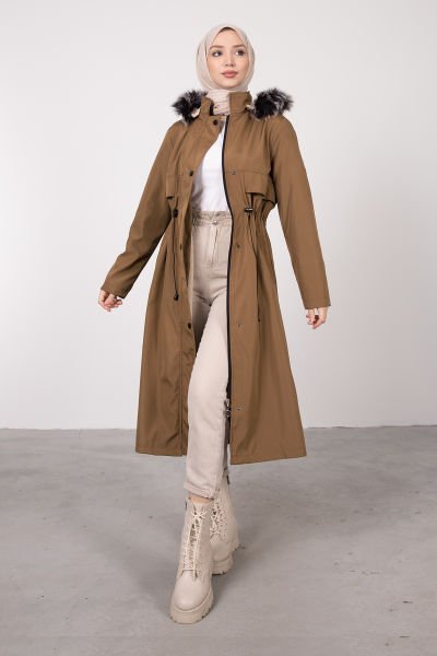 İçi Kürklü Uzun Boy Tesettür Parka Camel