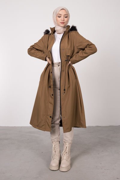 İçi Kürklü Uzun Boy Tesettür Parka Camel