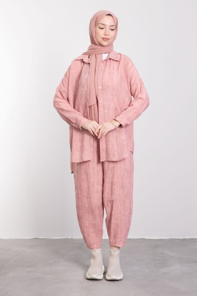 Pamuk Karışımlı Bol Kesim Tesettür Takım Pembe