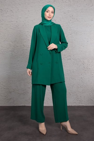 Tulumlu Blazer Detaylı Tesettür Takım Zümrüt