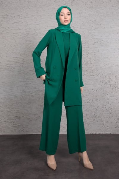 Tulumlu Blazer Detaylı Tesettür Takım Zümrüt