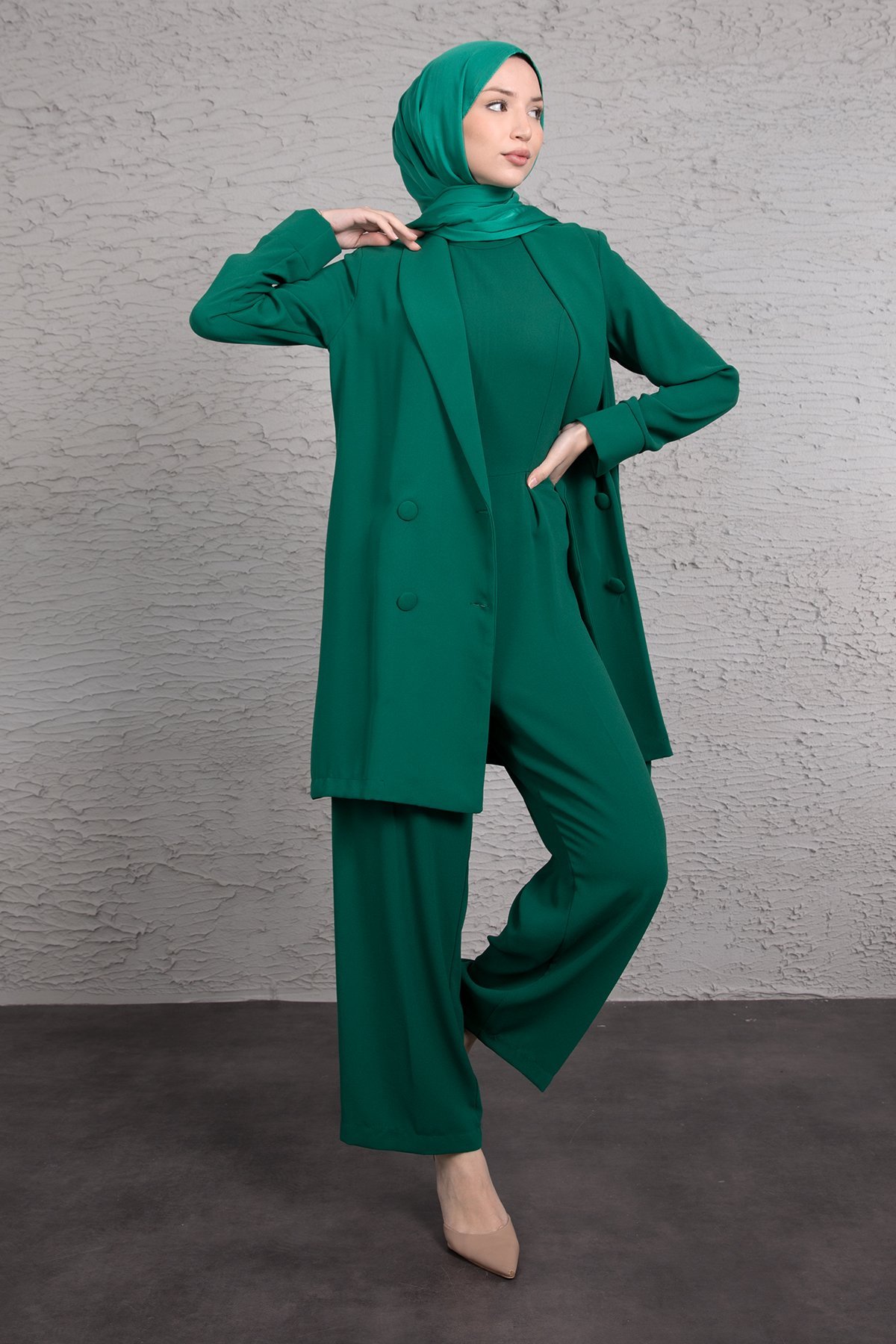 Tulumlu Blazer Detaylı Tesettür Takım Zümrüt