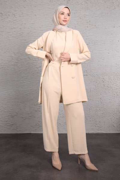 Tulumlu Blazer Detaylı Tesettür Takım Krem