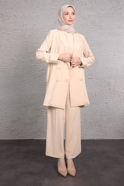 Tulumlu Blazer Detaylı Tesettür Takım Krem