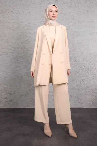 Tulumlu Blazer Detaylı Tesettür Takım Krem