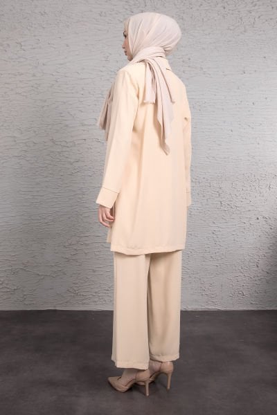 Tulumlu Blazer Detaylı Tesettür Takım Krem
