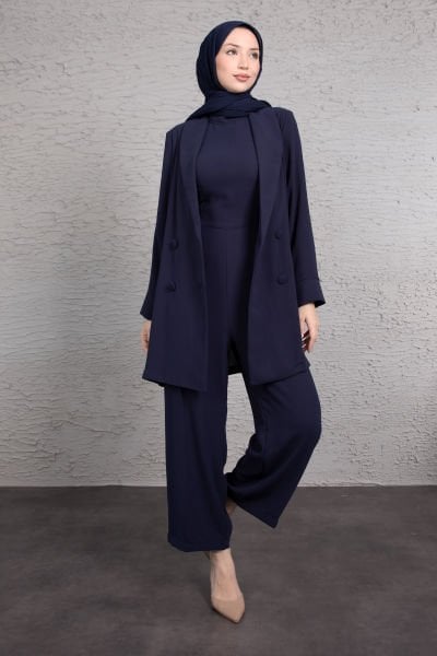 Tulumlu Blazer Detaylı Tesettür  Takım Lacivert