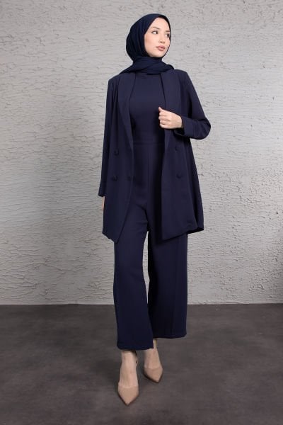 Tulumlu Blazer Detaylı Tesettür  Takım Lacivert