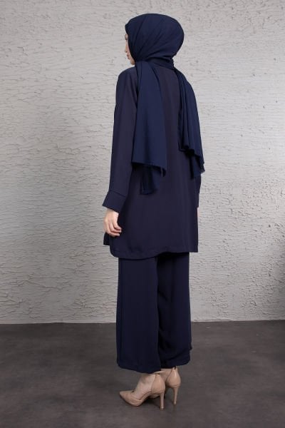 Tulumlu Blazer Detaylı Tesettür  Takım Lacivert