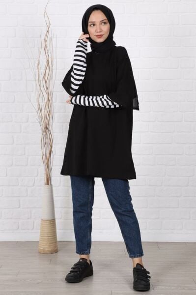 Kolları Çizgili Uzun Kol Oversize Sweat Siyah