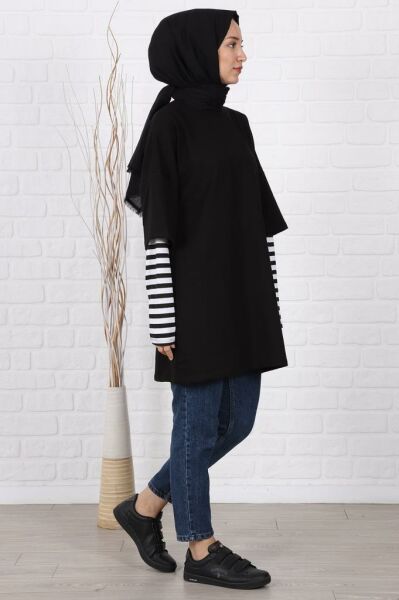 Kolları Çizgili Uzun Kol Oversize Sweat Siyah