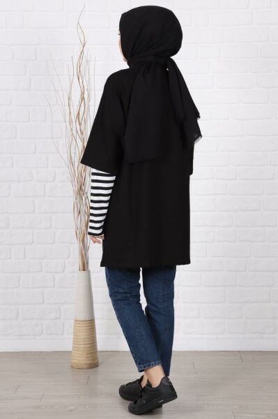 Kolları Çizgili Uzun Kol Oversize Sweat Siyah