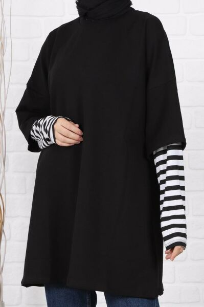 Kolları Çizgili Uzun Kol Oversize Sweat Siyah