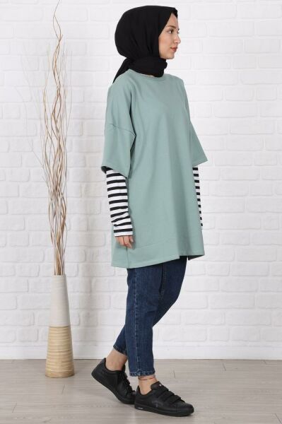 Kolları Çizgili Uzun Kol Oversize Sweat Su Yeşili