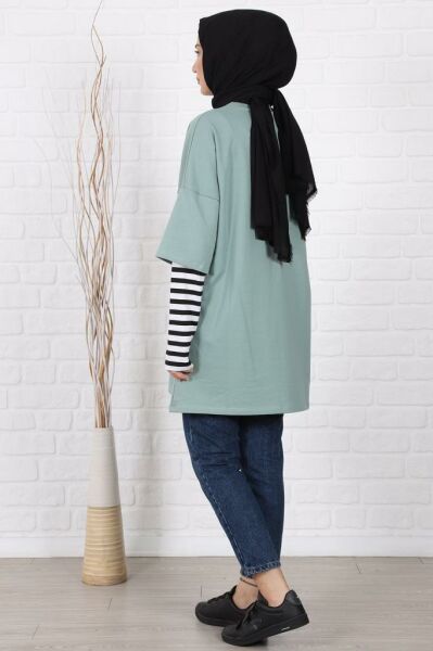 Kolları Çizgili Uzun Kol Oversize Sweat Su Yeşili