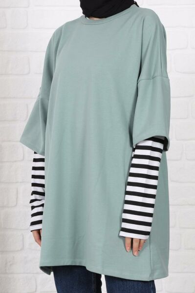 Kolları Çizgili Uzun Kol Oversize Sweat Su Yeşili