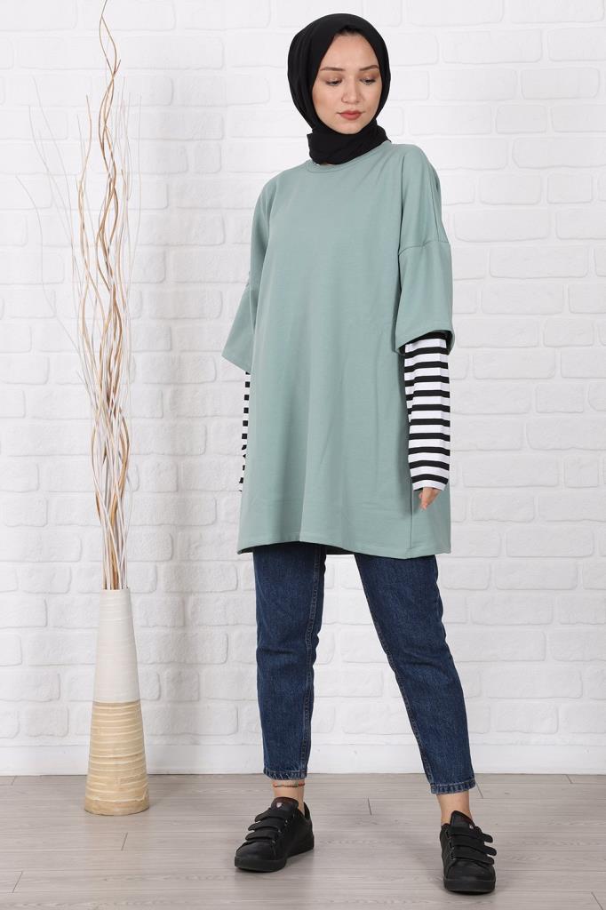 Kolları Çizgili Uzun Kol Oversize Sweat Su Yeşili