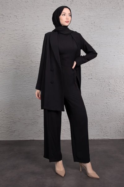 Tulumlu Blazer Detaylı Tesettür Takım Siyah