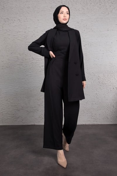 Tulumlu Blazer Detaylı Tesettür Takım Siyah