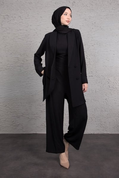 Tulumlu Blazer Detaylı Tesettür Takım Siyah