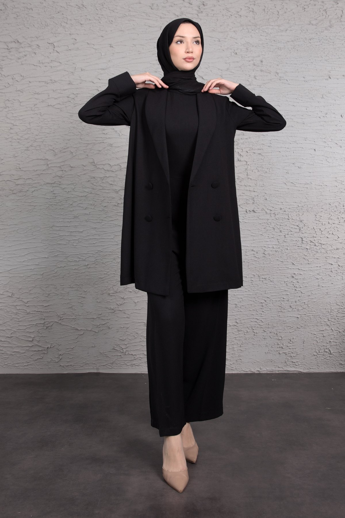 Tulumlu Blazer Detaylı Tesettür Takım Siyah