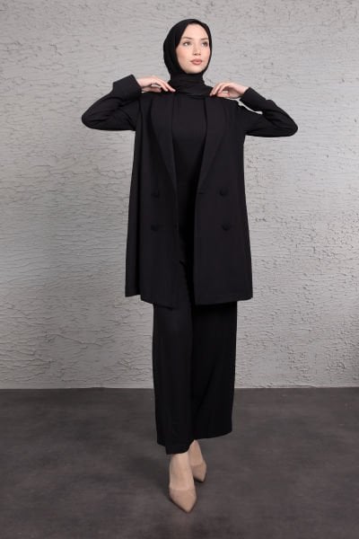 Tulumlu Blazer Detaylı Tesettür Takım Siyah
