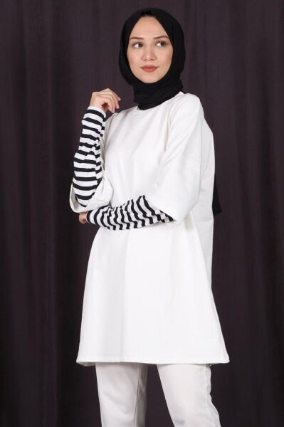 Kolları Çizgili Uzun Kol Oversize Sweat Beyaz