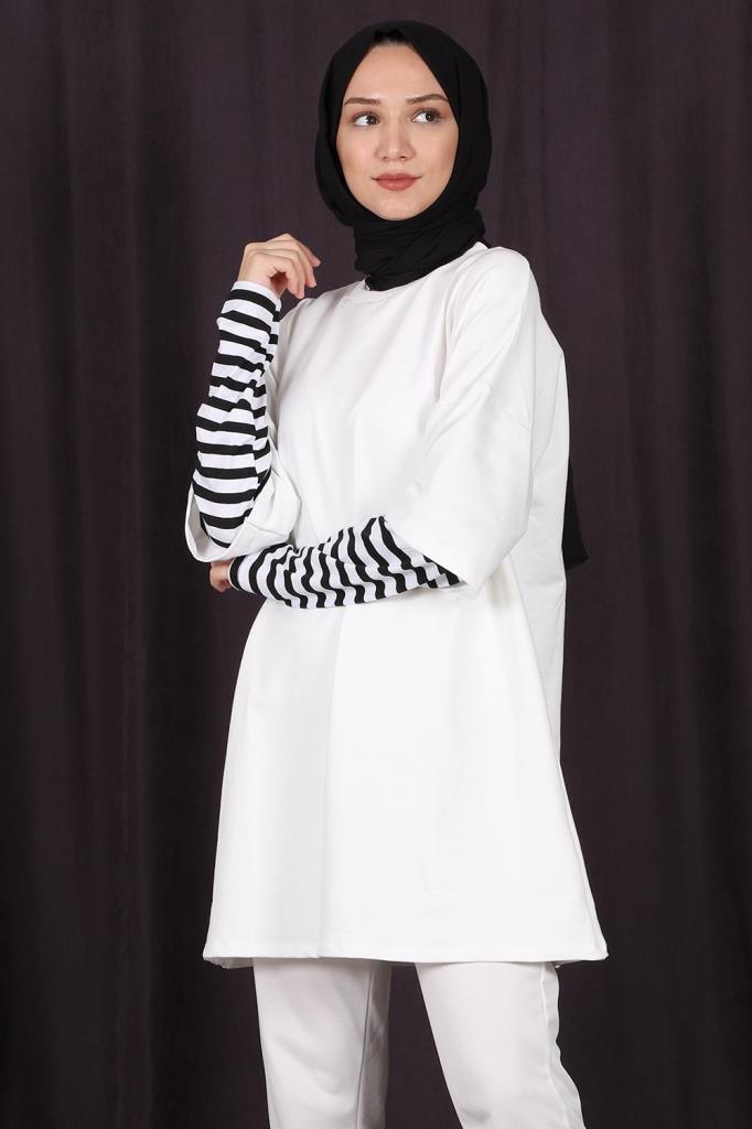 Kolları Çizgili Uzun Kol Oversize Sweat Beyaz