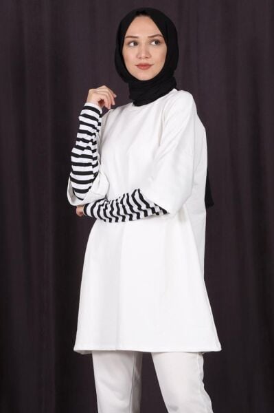 Kolları Çizgili Uzun Kol Oversize Sweat Beyaz