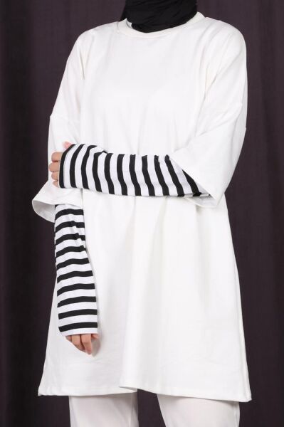 Kolları Çizgili Uzun Kol Oversize Sweat Beyaz